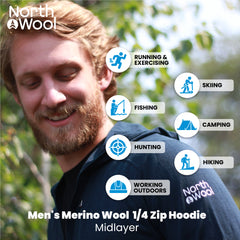 NorthWool Men's Merino Wool 1/4 Zip Midlayer Hoodie with Pouch and Pocket 260 GSM NorthWool Men's Merino Wool 1/4 Zip Midlayer Hoodie with Pouch and Pocket 260 GSM