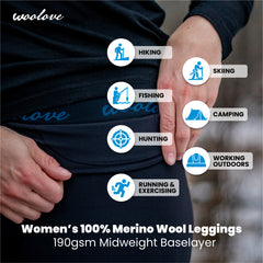 Women's 100% Merino Wool Long Underwear Base Layer Leggings 190 GSM - Woolove Apparel Women's 100% Merino Wool Long Underwear Base Layer Leggings 190 GSM - Woolove Apparel