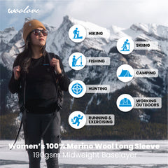 Women's 100% Merino Wool Base Layer Long Sleeve Crew Neck Shirt 190g - Woolove Apparel Women's 100% Merino Wool Base Layer Long Sleeve Crew Neck Shirt 190g - Woolove Apparel