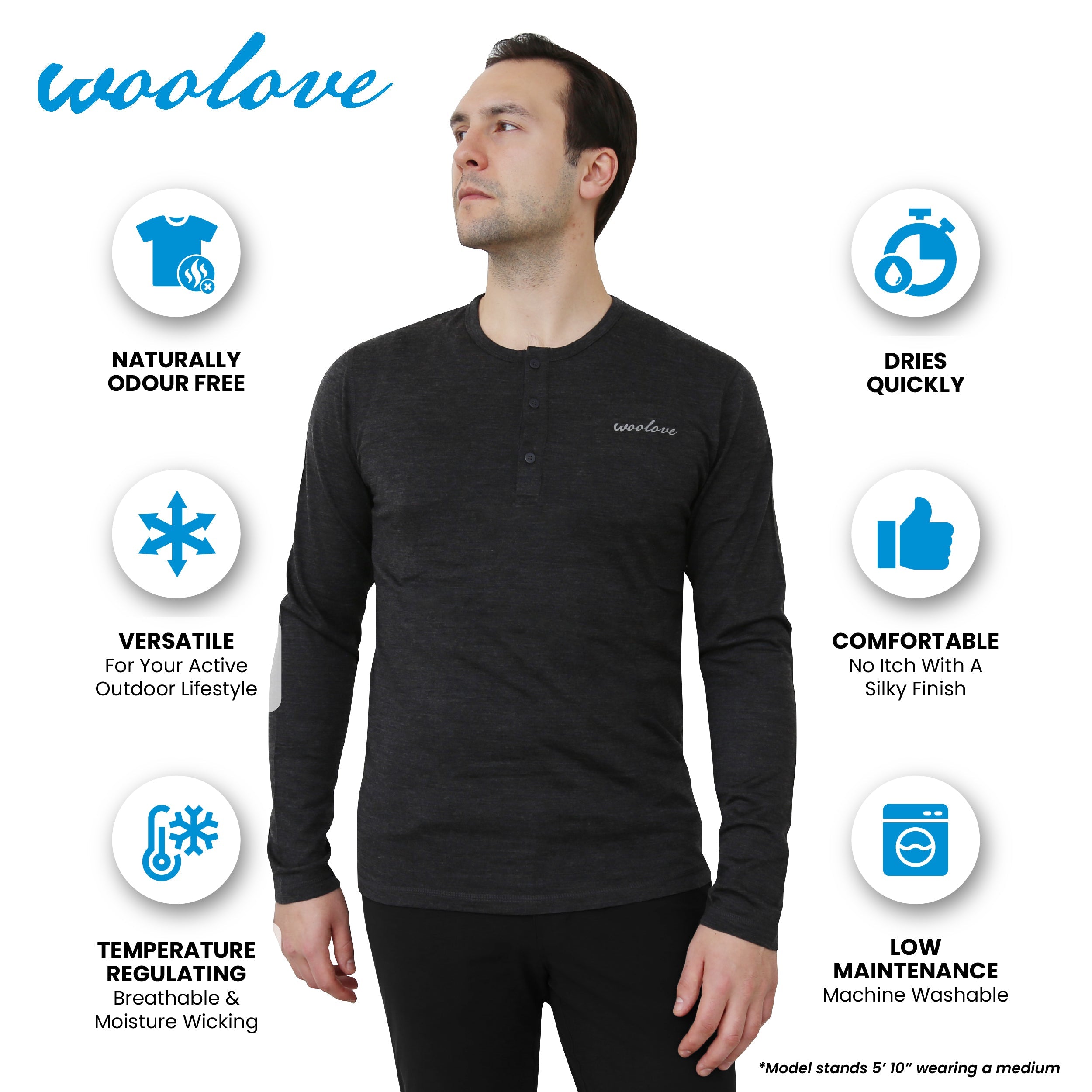 Men's 100% Merino Wool Long Sleeve Henley 190g - Woolove Apparel