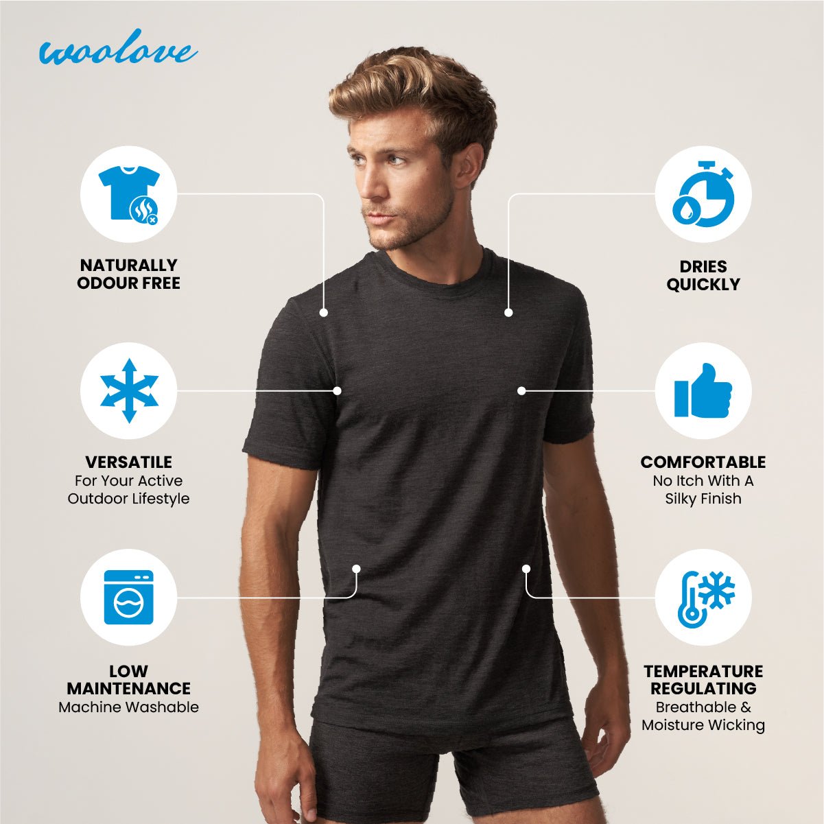 Men's 100% Merino Wool Short Sleeve T-Shirt 180g - Woolove Apparel Men's 100% Merino Wool Short Sleeve T-Shirt 180g - Woolove Apparel