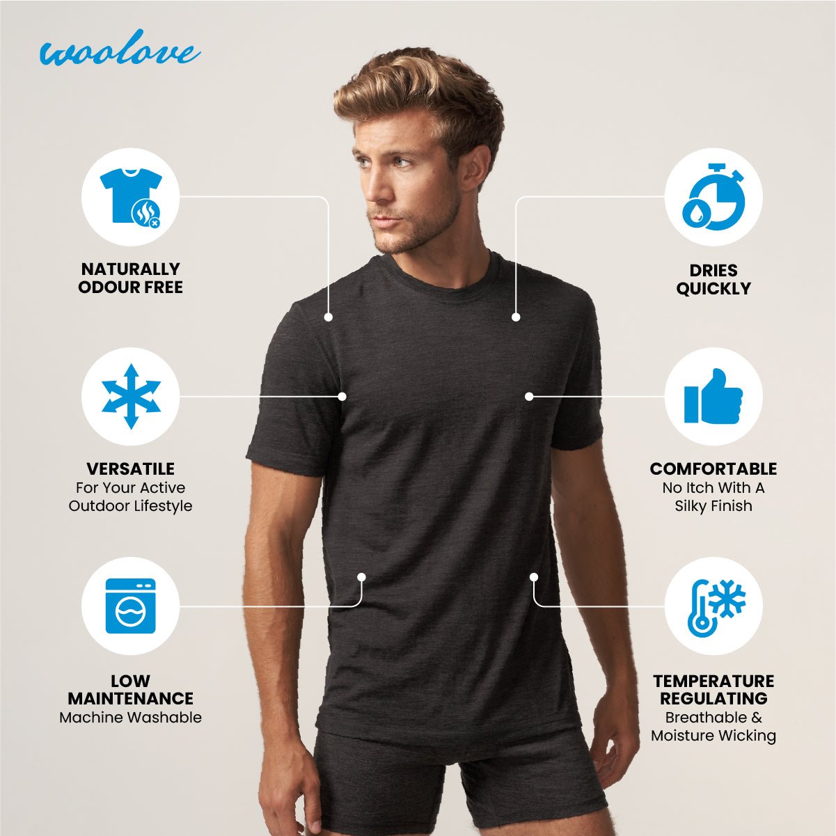 Men's 100% Merino Wool Short Sleeve T-Shirt 180g - Woolove Apparel