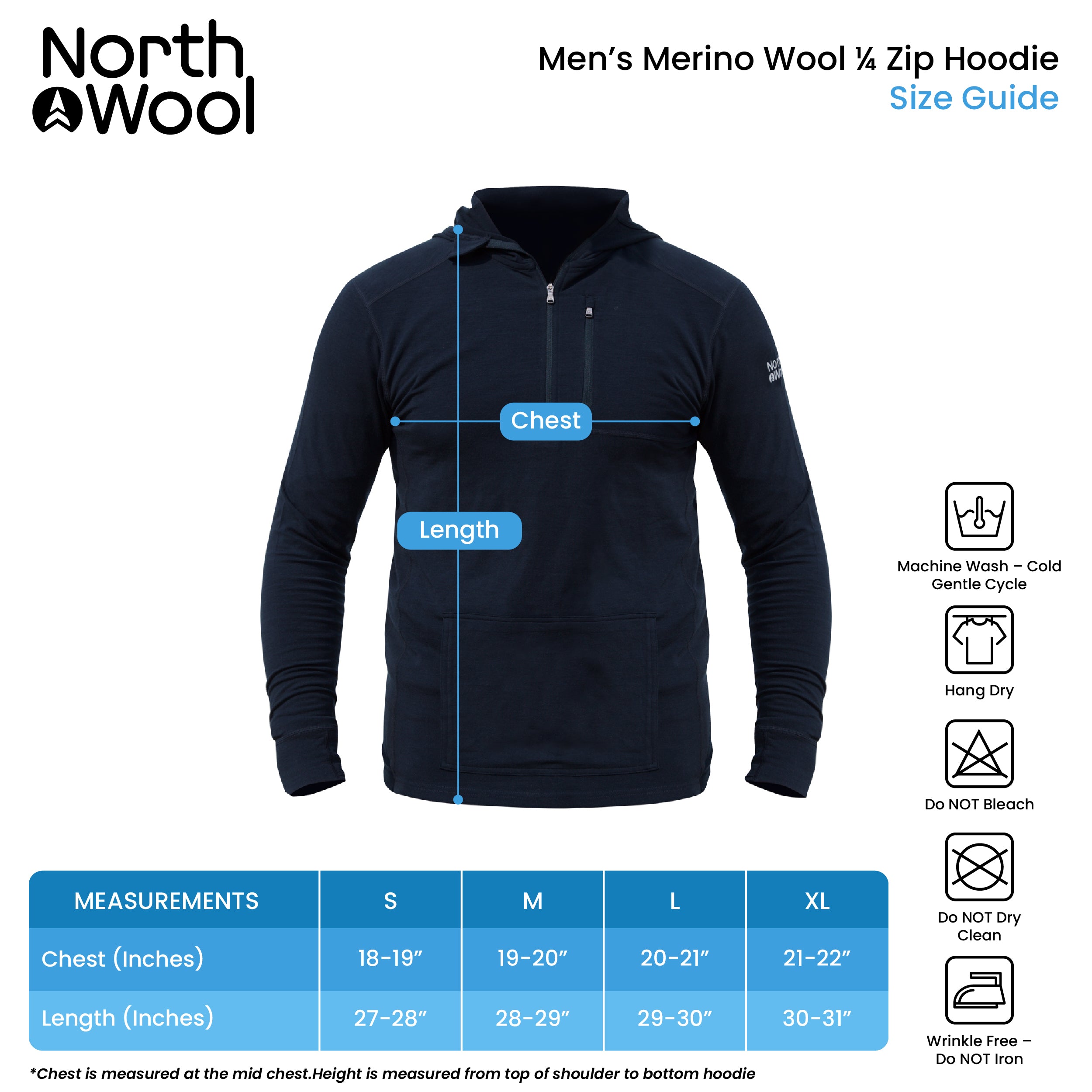 NorthWool Sweat à capuche en laine mérinos 1/4 zip pour homme avec pochette et poche 260 g