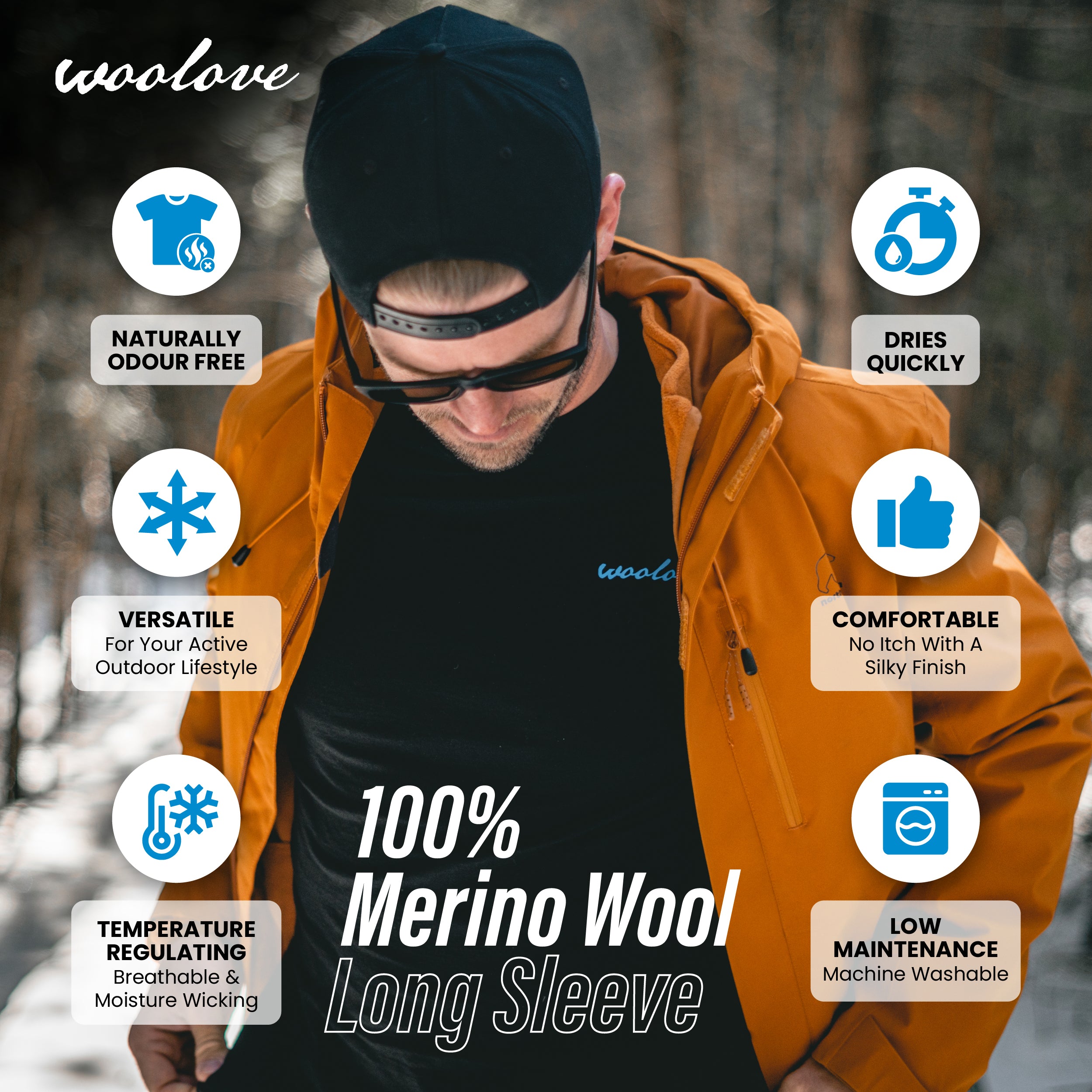 Woolove 100% laine mérinos Couche de base à manches longues pour homme 190 g