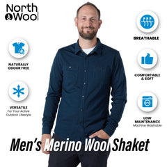 NorthWool Men's Merino Wool Shaket - Midweight Button Down Regular Fit (Navy)