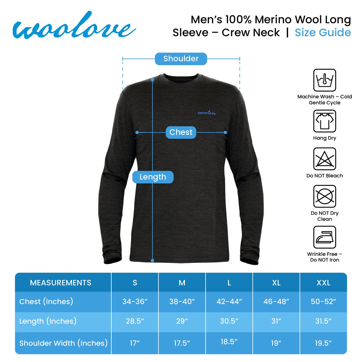 Men's 100% Merino Wool Long Sleeve Crew Neck Shirt 190 GSM