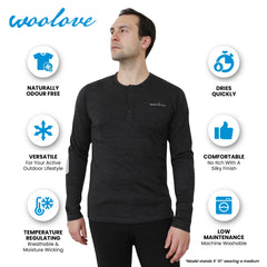 Men's 100% Merino Wool Long Sleeve Henley 190g - Woolove Apparel