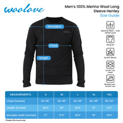 Men's 100% Merino Wool Long Sleeve Henley 190g - Woolove Apparel