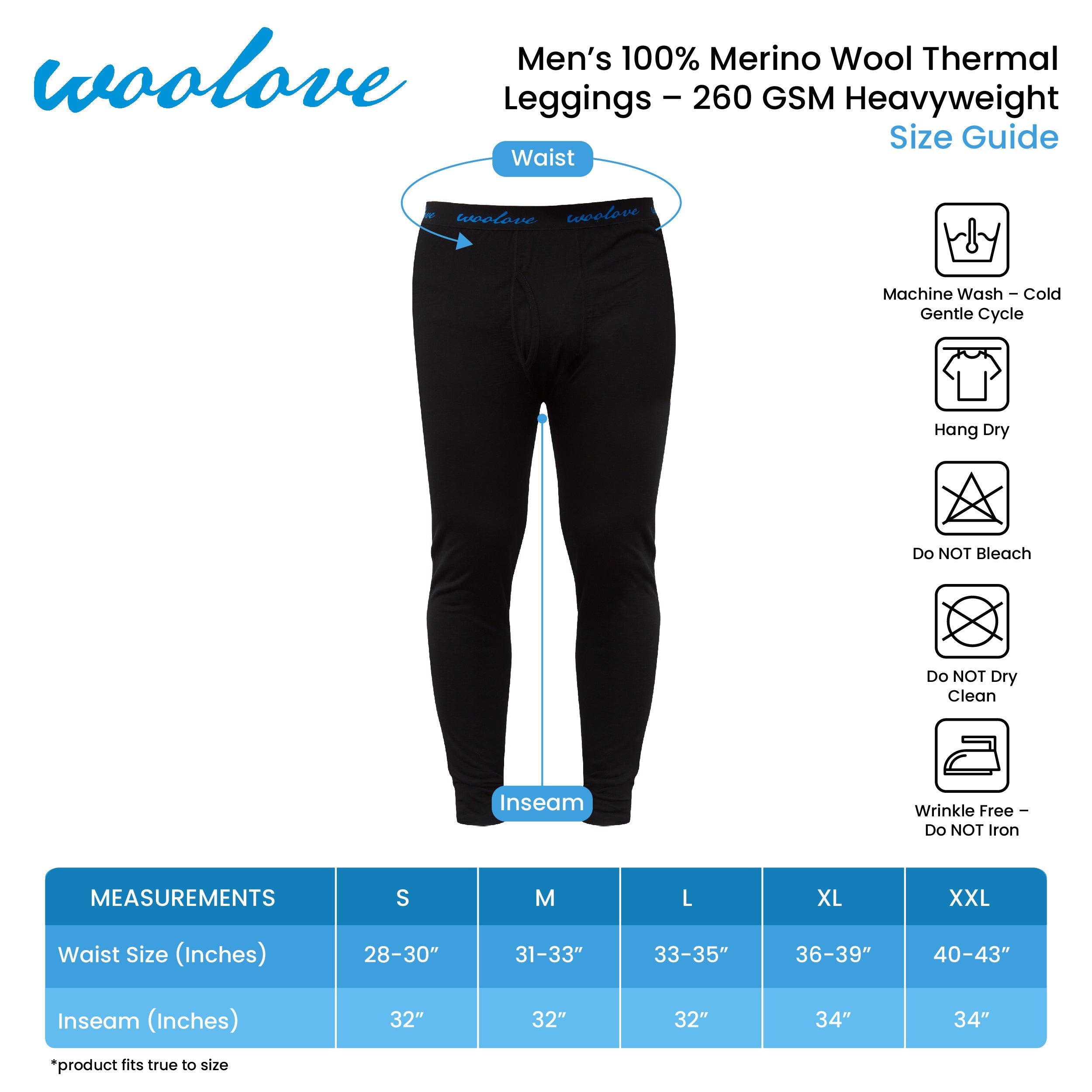 Men's 100% Merino Wool Long Underwear Base Layer Leggings 260 GSM -  Heavyweight - Small