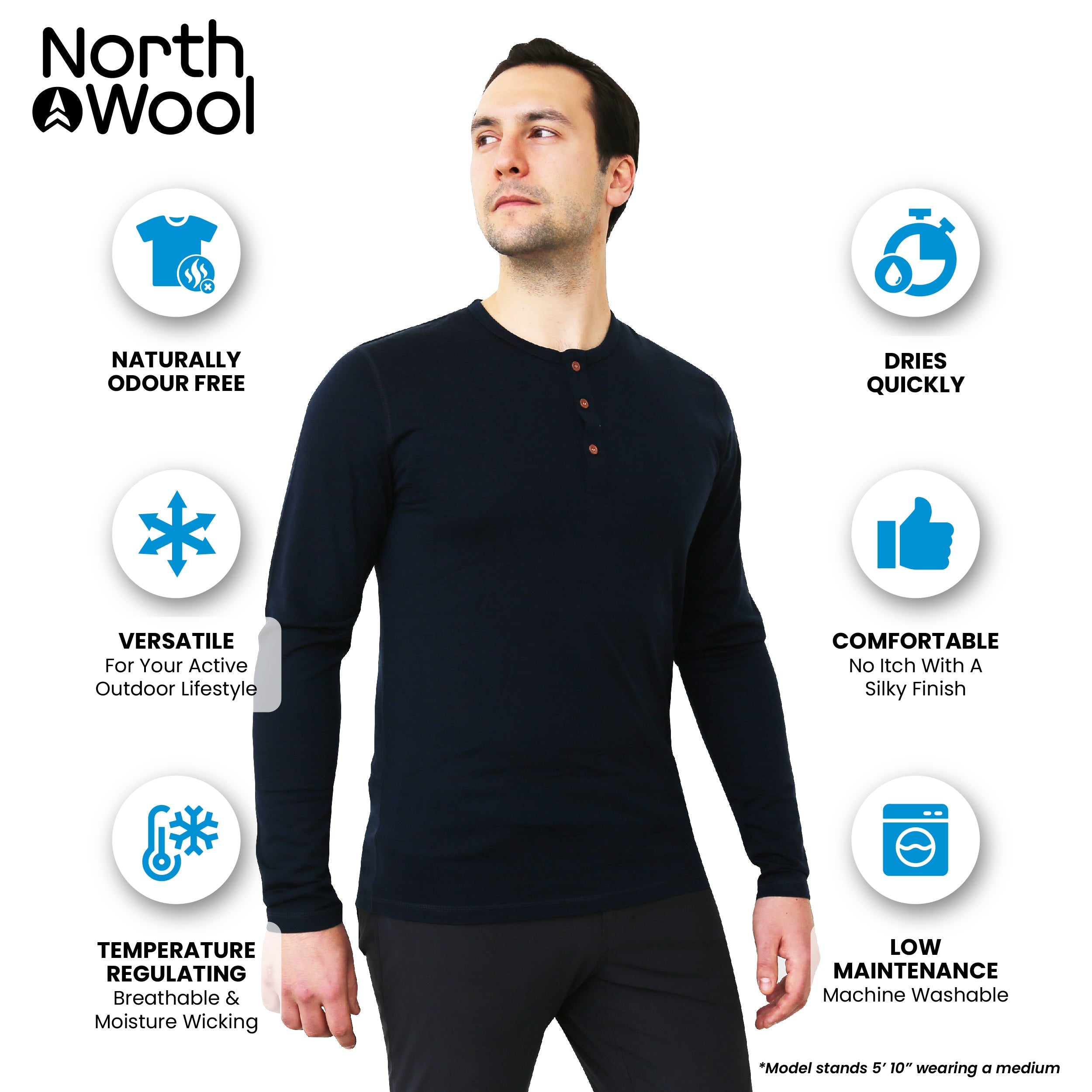 NorthWool Men's 100% Merino Wool Long Sleeve Henley Base Layer Shirt 260 GSM - Woolove Apparel