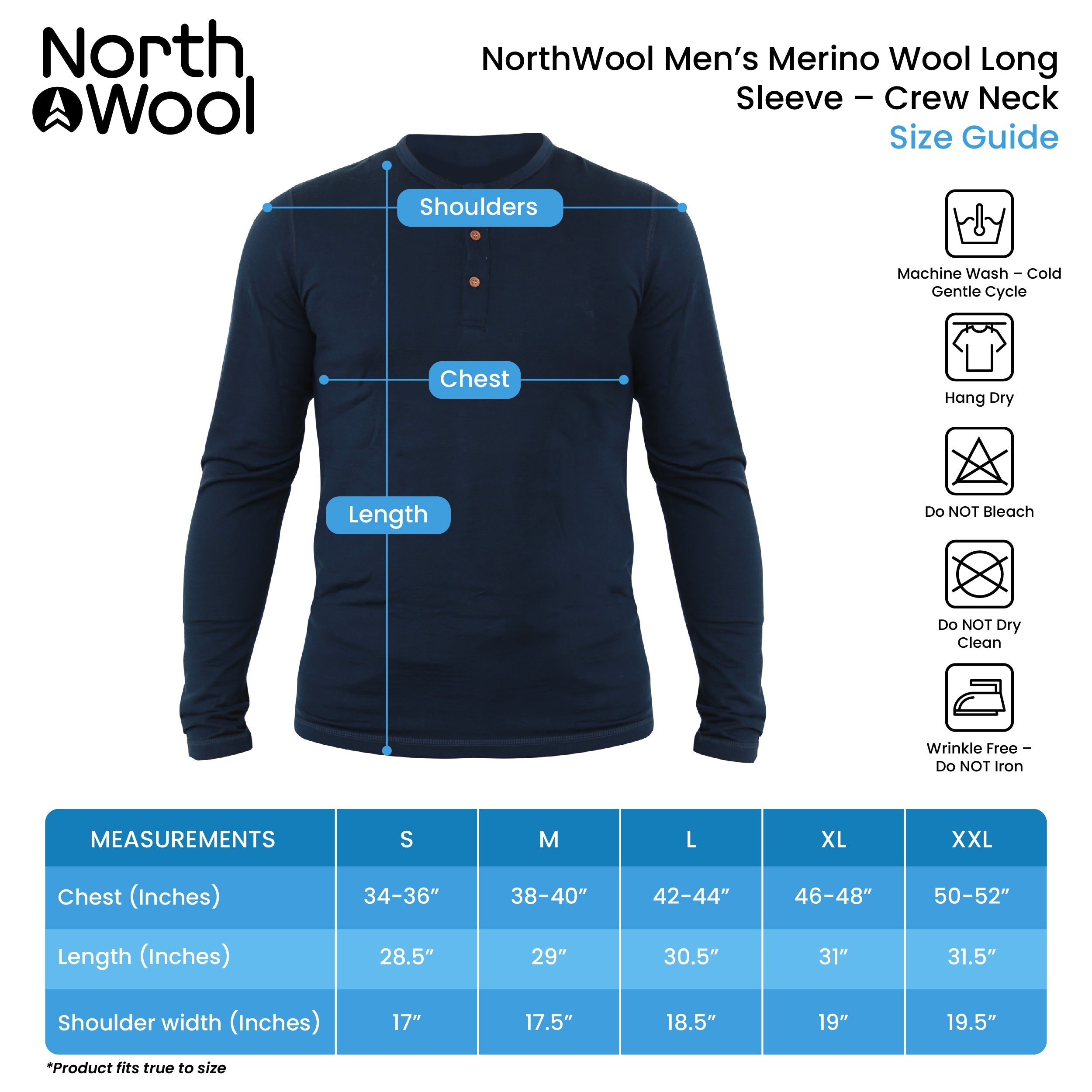 NorthWool Men's 100% Merino Wool Long Sleeve Henley Base Layer Shirt 260 GSM - Woolove Apparel